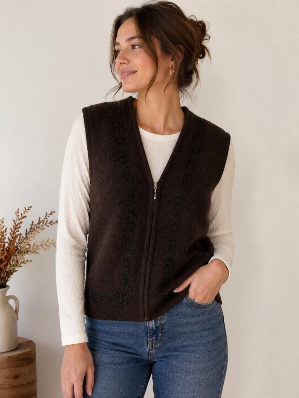 Northern Traditions 100% Wool Zip Vest Women's Large Brown Embroidered Knit Swea